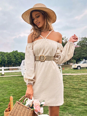 Solid Color Off Shoulder Halter Neck Dress