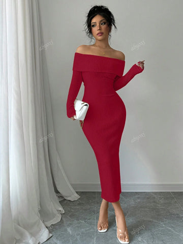 Solid Color Off Shoulder Long Sleeves Elegance Bodycon Party Dress With Back Bow Decoration,Fashionable,2024 Autumn And Winter New Women's Clothing