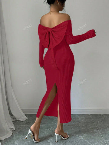 Solid Color Off Shoulder Long Sleeves Elegance Bodycon Party Dress With Back Bow Decoration,Fashionable,2024 Autumn And Winter New Women's Clothing
