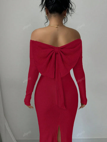 Solid Color Off Shoulder Long Sleeves Elegance Bodycon Party Dress With Back Bow Decoration,Fashionable,2024 Autumn And Winter New Women's Clothing