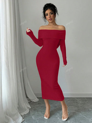 Solid Color Off Shoulder Long Sleeves Elegance Bodycon Party Dress With Back Bow Decoration,Fashionable,2024 Autumn And Winter New Women's Clothing