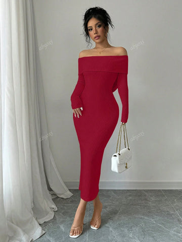 Solid Color Off Shoulder Long Sleeves Elegance Bodycon Party Dress With Back Bow Decoration,Fashionable,2024 Autumn And Winter New Women's Clothing