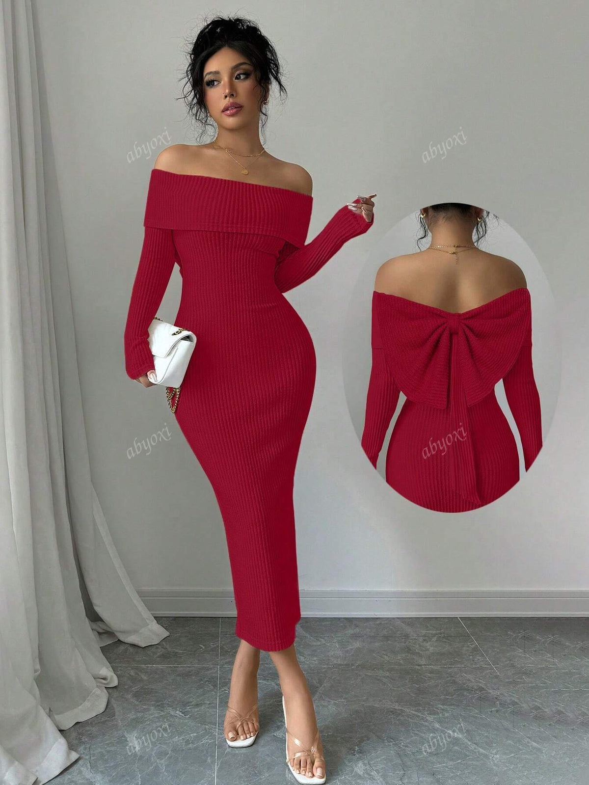 Solid Color Off Shoulder Long Sleeves Elegance Bodycon Party Dress With Back Bow Decoration,Fashionable,2024 Autumn And Winter New Women's Clothing