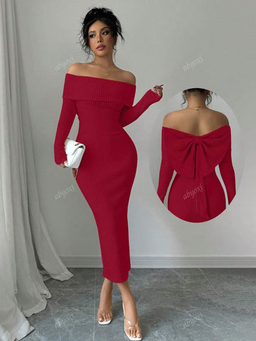Solid Color Off Shoulder Long Sleeves Elegance Bodycon Party Dress With Back Bow Decoration,Fashionable,2024 Autumn And Winter New Women's Clothing