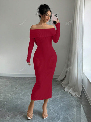 Solid Color Off Shoulder Long Sleeves Elegance Bodycon Party Dress With Back Bow Decoration,Fashionable,2024 Autumn And Winter New Women's Clothing