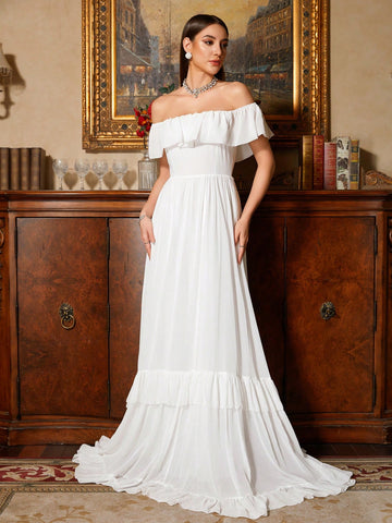 Solid Color One-Shoulder Ruffled Floor-Length Wedding Dress