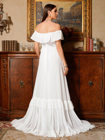 Solid Color One-Shoulder Ruffled Floor-Length Wedding Dress