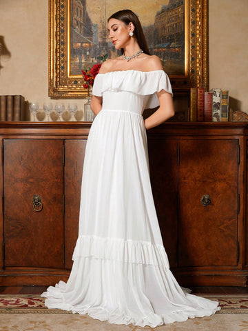 Solid Color One-Shoulder Ruffled Floor-Length Wedding Dress