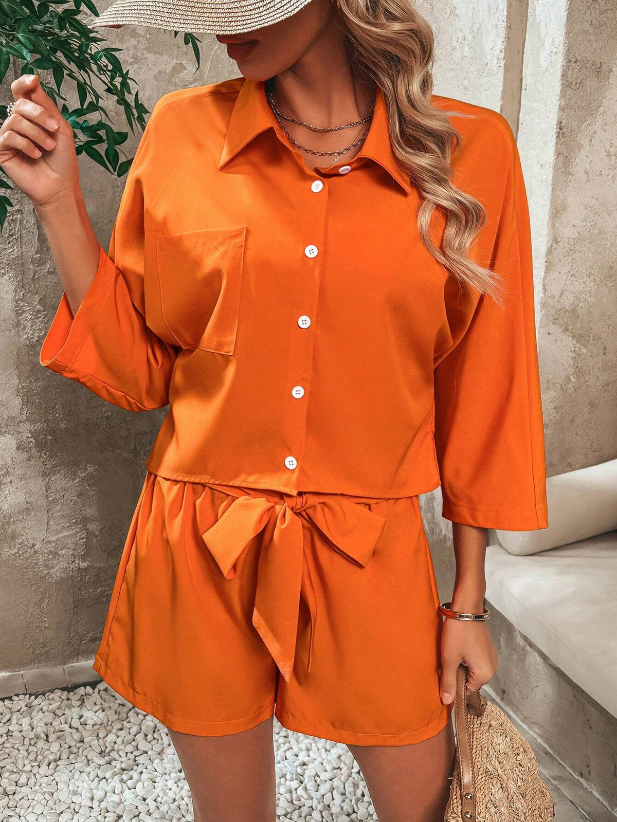 Solid Color Patchwork Pocket Detail Shirt And Belted Shorts