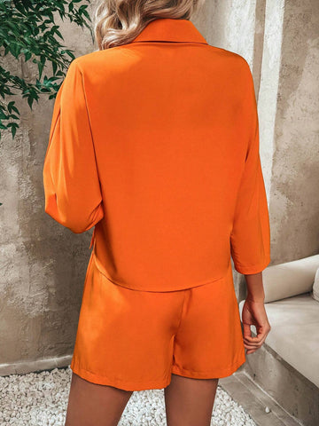 Solid Color Patchwork Pocket Detail Shirt And Belted Shorts