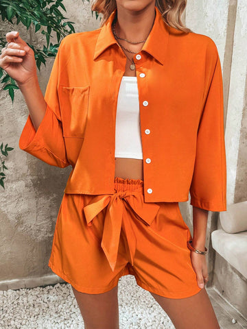 Solid Color Patchwork Pocket Detail Shirt And Belted Shorts