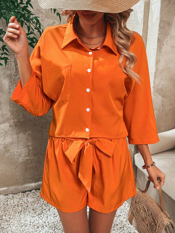 Solid Color Patchwork Pocket Detail Shirt And Belted Shorts