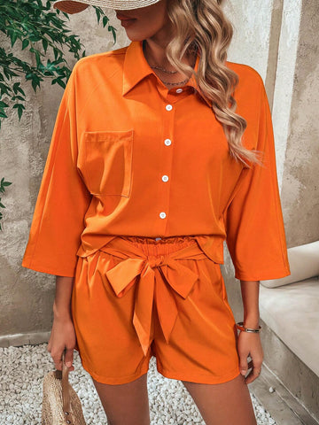 Solid Color Patchwork Pocket Detail Shirt And Belted Shorts