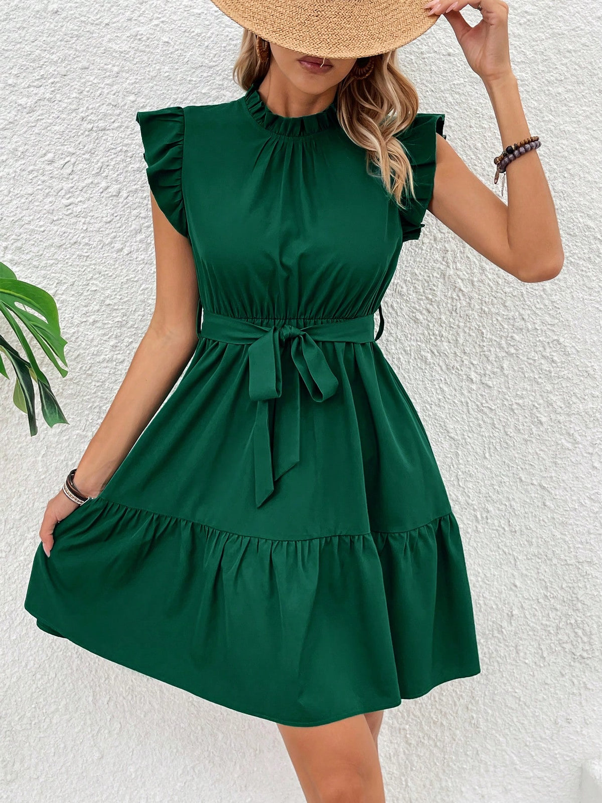 Solid Color Peter Pan Collar Short Puff Sleeve A-Line Dress With Belt And Ruffle Detail