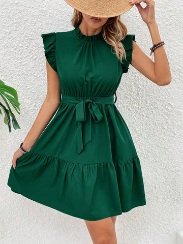 Solid Color Peter Pan Collar Short Puff Sleeve A-Line Dress With Belt And Ruffle Detail