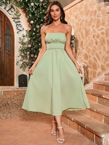 Solid Color Pleated Waist Tie-Strap Dress For Summer