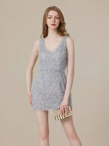 Solid Color Plush Backless Slim Fit Sleeveless Mini Dress For Cocktail Party