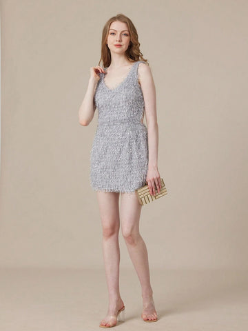 Solid Color Plush Backless Slim Fit Sleeveless Mini Dress For Cocktail Party