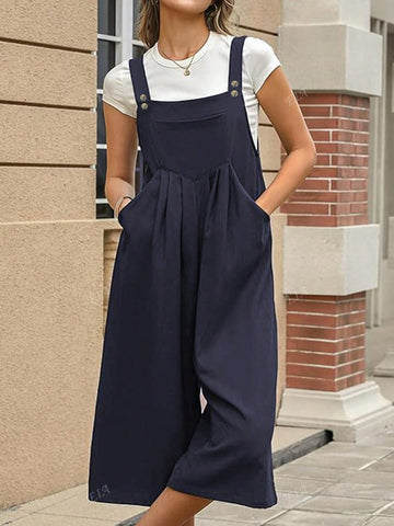 Solid Color Pocket & Button Decor Bib Overalls