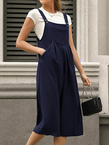 Solid Color Pocket & Button Decor Bib Overalls