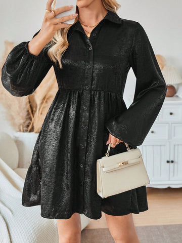 Solid Color Polo Collar Button Front Long Sleeve Short Dress