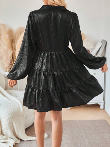 Solid Color Polo Collar Button Front Long Sleeve Short Dress