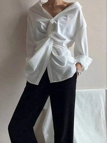 Solid Color Polyester Elegant Women's French Blouse, With Collar, Button Detail Knitted Shirt,