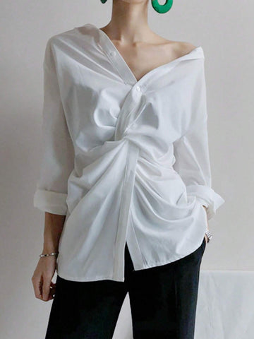 Solid Color Polyester Elegant Women's French Blouse, With Collar, Button Detail Knitted Shirt,