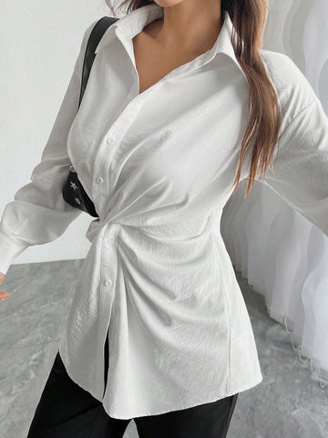 Solid Color Polyester Elegant Women's French Blouse, With Collar, Button Detail Knitted Shirt,
