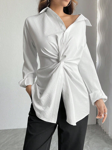 Solid Color Polyester Elegant Women's French Blouse, With Collar, Button Detail Knitted Shirt,