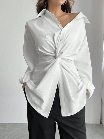 Solid Color Polyester Elegant Women's French Blouse, With Collar, Button Detail Knitted Shirt,
