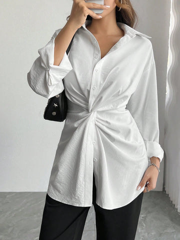 Solid Color Polyester Elegant Women's French Blouse, With Collar, Button Detail Knitted Shirt,