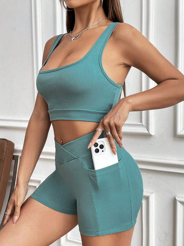 Solid Color Ribbed Knit Slim Fit Two Piece Set