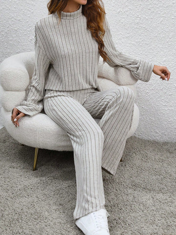 Solid Color Ribbed Turn-down Collar T-shirt And Pants Set