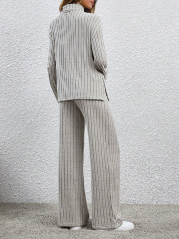 Solid Color Ribbed Turn-down Collar T-shirt And Pants Set