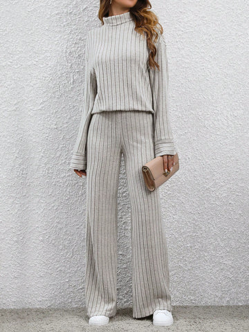 Solid Color Ribbed Turn-down Collar T-shirt And Pants Set