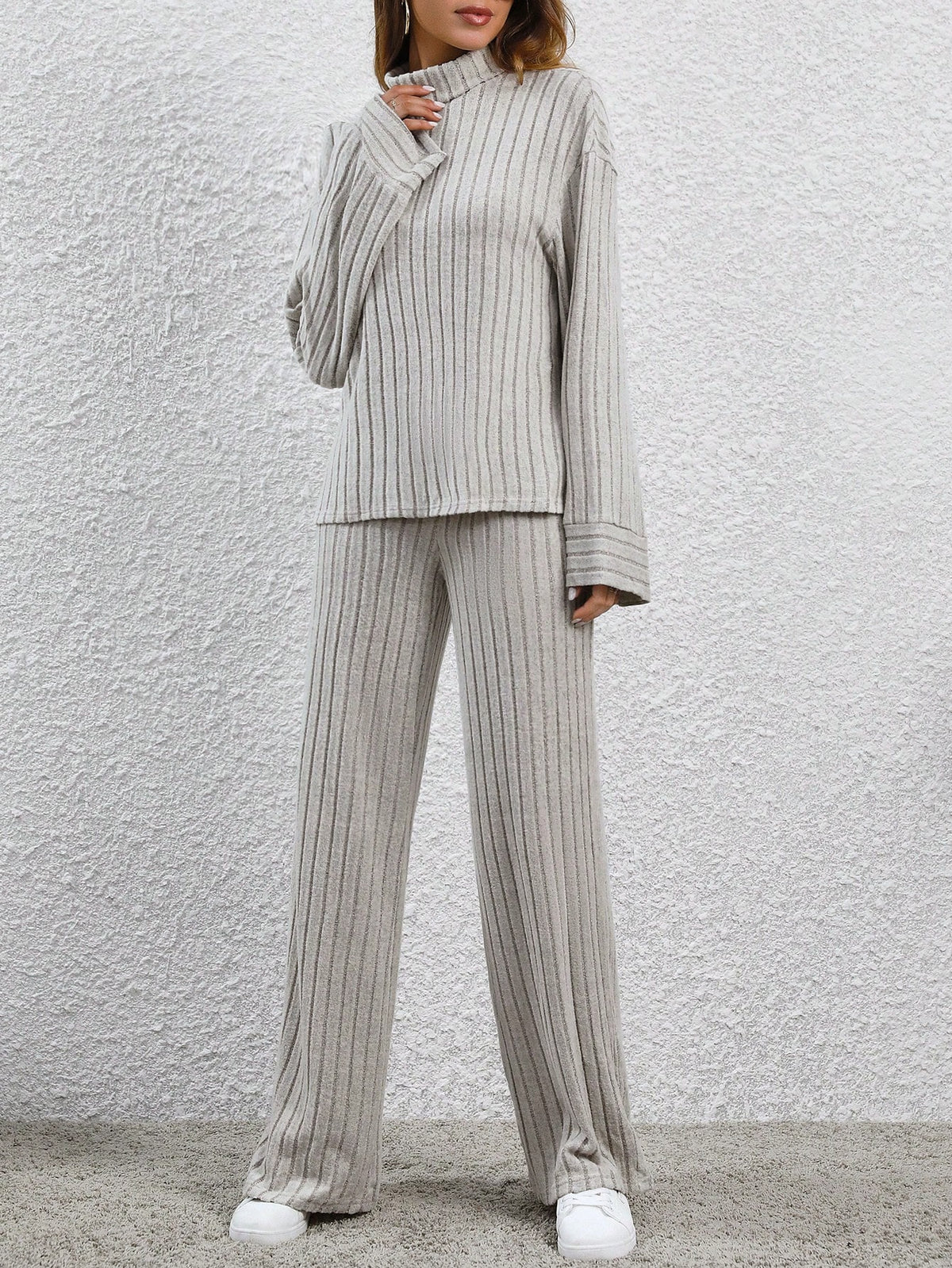 Solid Color Ribbed Turn-down Collar T-shirt And Pants Set