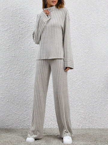 Solid Color Ribbed Turn-down Collar T-shirt And Pants Set