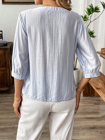 Solid Color Round Neck Button Down Front Casual Shirt