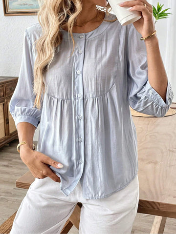 Solid Color Round Neck Button Down Front Casual Shirt
