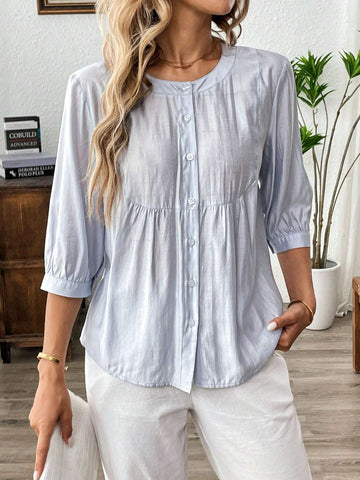 Solid Color Round Neck Button Down Front Casual Shirt