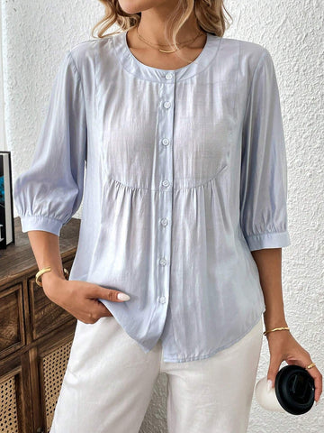 Solid Color Round Neck Button Down Front Casual Shirt