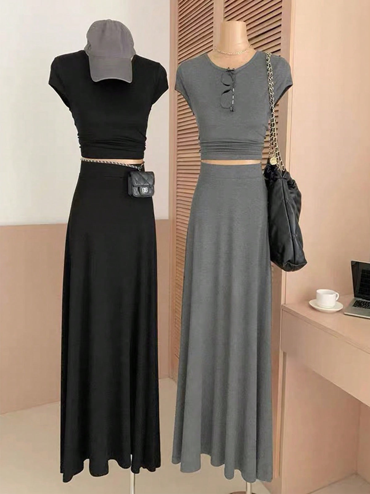 Solid Color Round Neck Short Sleeve T-Shirt & Skirt Set