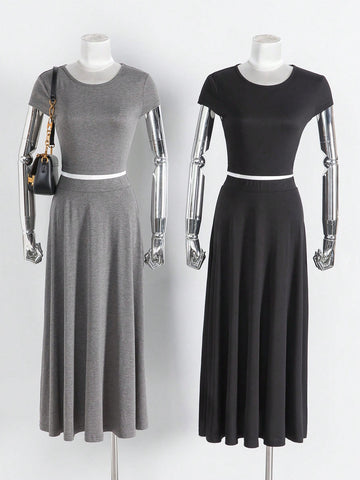 Solid Color Round Neck Short Sleeve T-Shirt & Skirt Set