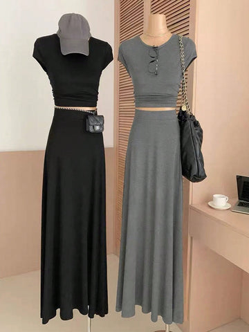 Solid Color Round Neck Short Sleeve T-Shirt & Skirt Set