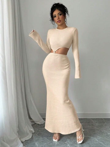 Solid Color Round Neck Waist-Revealing Tie Knot Long Sleeve Mermaid Hem Bodycon Long Dress,Fashionable,Party,Casual,Simple,Elegant,Hot Girl,Dating,Autumn And Winter New Women's Clothing