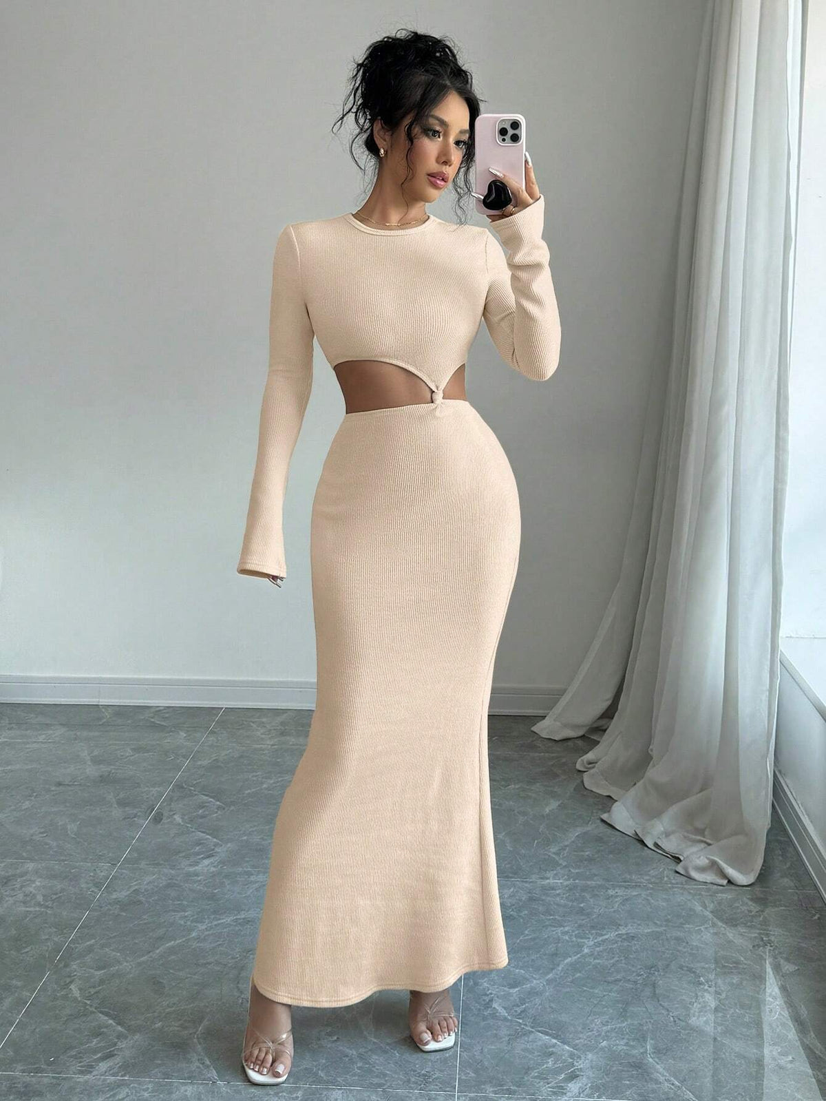 Solid Color Round Neck Waist-Revealing Tie Knot Long Sleeve Mermaid Hem Bodycon Long Dress,Fashionable,Party,Casual,Simple,Elegant,Hot Girl,Dating,Autumn And Winter New Women's Clothing