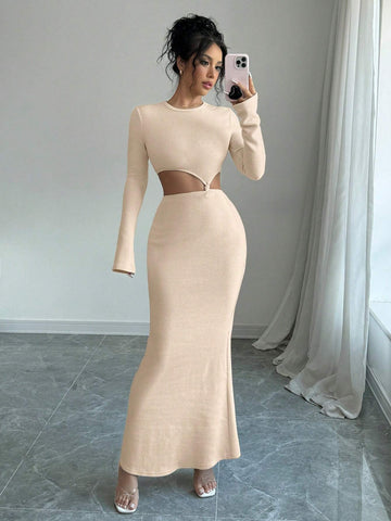 Solid Color Round Neck Waist-Revealing Tie Knot Long Sleeve Mermaid Hem Bodycon Long Dress,Fashionable,Party,Casual,Simple,Elegant,Hot Girl,Dating,Autumn And Winter New Women's Clothing