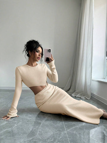 Solid Color Round Neck Waist-Revealing Tie Knot Long Sleeve Mermaid Hem Bodycon Long Dress,Fashionable,Party,Casual,Simple,Elegant,Hot Girl,Dating,Autumn And Winter New Women's Clothing