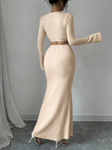 Solid Color Round Neck Waist-Revealing Tie Knot Long Sleeve Mermaid Hem Bodycon Long Dress,Fashionable,Party,Casual,Simple,Elegant,Hot Girl,Dating,Autumn And Winter New Women's Clothing